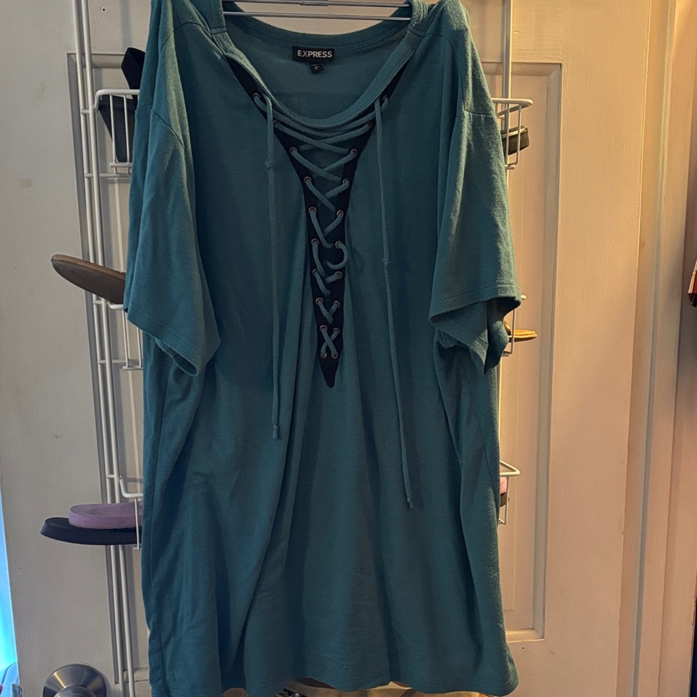 Express Teal Lace-Up Short Sleeve Top
